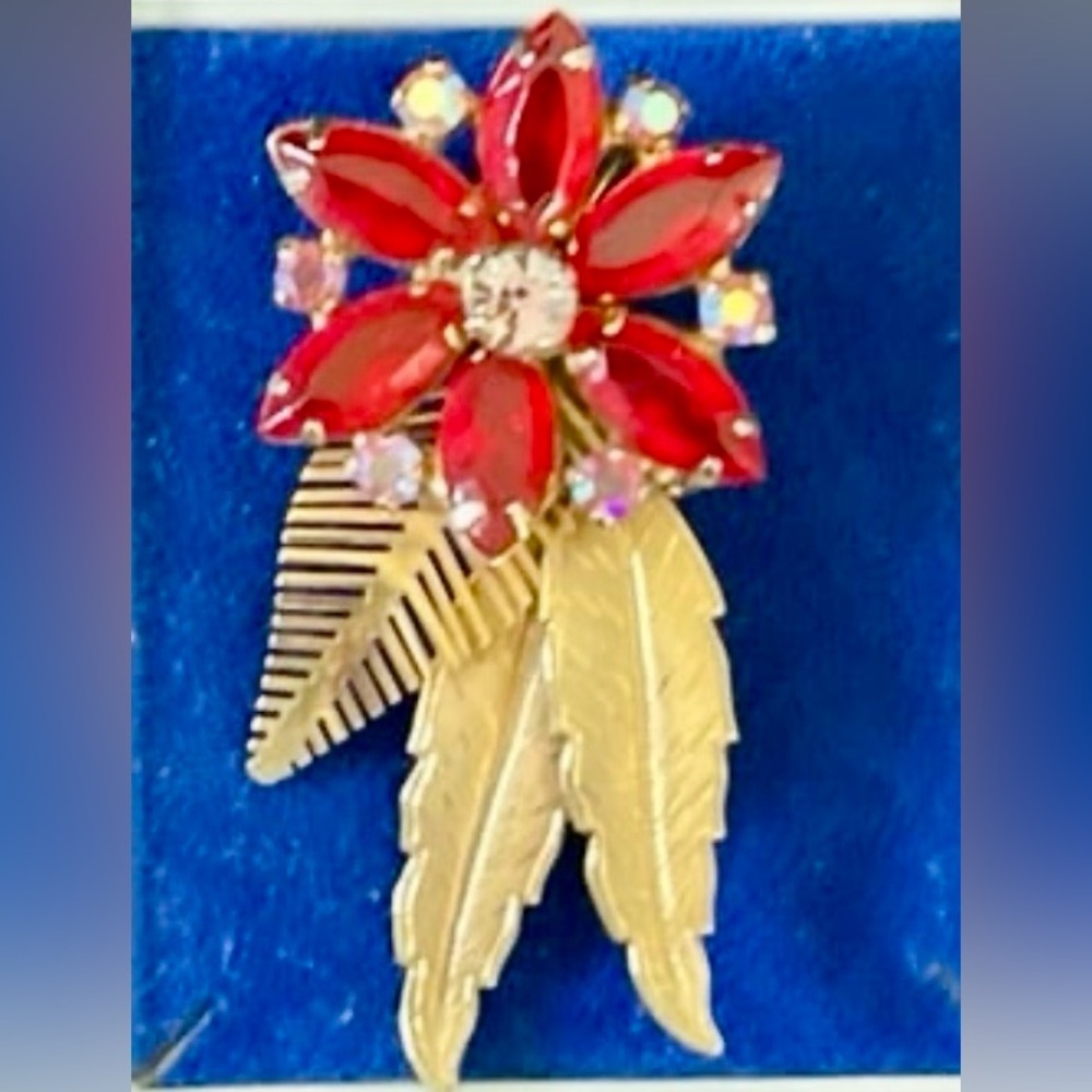 Vintage Gold Feather Brooch with Red Floral Cluster and Sparkling Stones